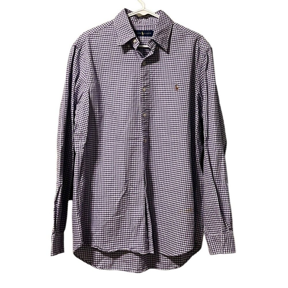Ralph Lauren‎ Shirt Men Size Large Purple Plaid Stretch Pony Classic Business